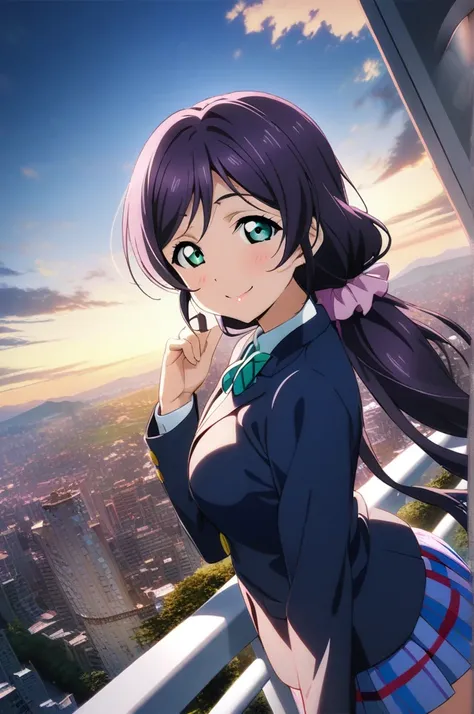 1girl, toujou nozomi, love live!, otonokizaka school uniform, smile, hand up, beautiful scape, city,  high definition ,  top quality, masterpiece, 