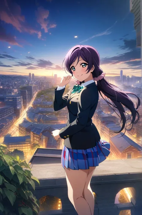 1girl, toujou nozomi, love live!, otonokizaka school uniform, smile, hand up, beautiful scape, city,  high definition ,  top quality, masterpiece, 