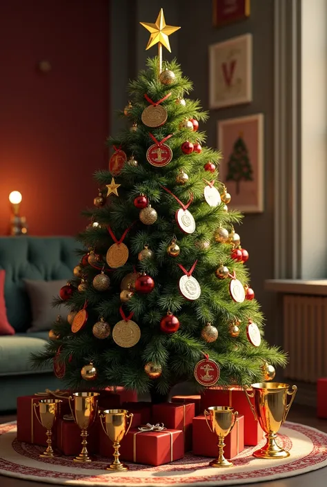  the Christmas tree is decorated with medals, there are cups under the tree 