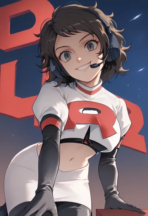 Team rocket, team rocket uniform, red letter R, white skirt,white crop top,black thigh-high boots, black elbow gloves, evil smile, night sky background, headset, large breasts, high-heeled boots, Sadayo Kawakami, black hair