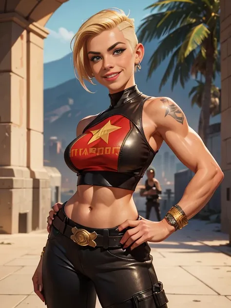 masterpiece, best quality, portrait photograph of a gorgeous blond sexy mature female rebel soldier with punk shaved hair and (muscular thighs), wearing a short cropped sheer tank top showcasing (underboob:1.2), snake leather trousers, a communist red star...