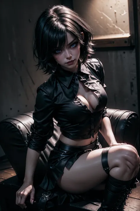 a cute goth girl with short black emo_hairstyle, ((unbuttoned white silk blouse)), ruffled black leather skirt, black leather boots, navel piercing, smokey dark eyeshadow, dark eyeliner, heavy mascara, sitting on drawer, (best quality,4k,8k,highres,masterp...