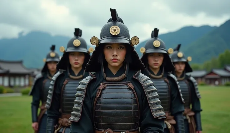 A group of female warriors in feudal Japan, wearing traditional samurai armor, standing strong and determined, with a background of a Japanese village, lush green fields and mountains in the distance, the sky cloudy, their expressions serious and focused, ...