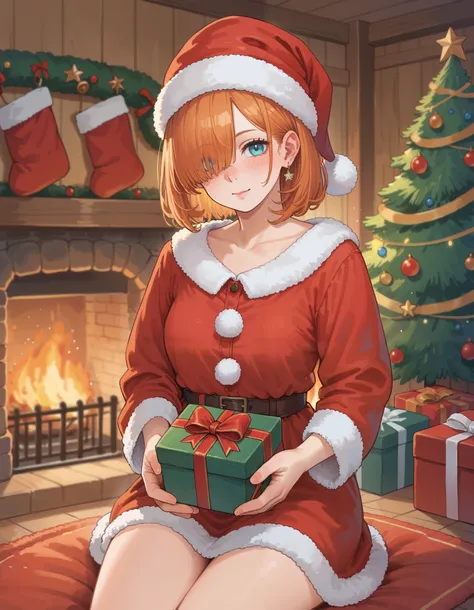 (chanta_(ayatakaoisii):0.9)transfield, 1girl, solo, orange fur, medium hair, hair over one eye, santa costume, santa hat, holding present, depth of field, interior, cabin, fireplace, [christmas tree], cowboy sho