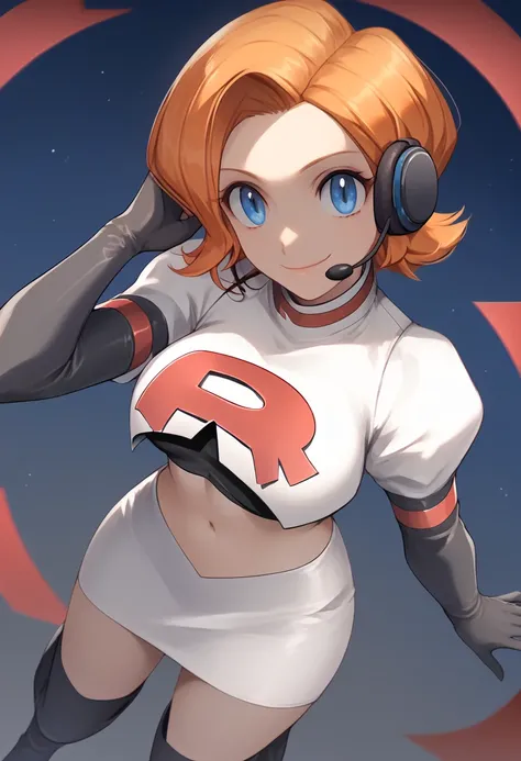 Team rocket, team rocket uniform, red letter R, white skirt,white crop top,black thigh-high boots, black elbow gloves, evil smile, night sky background, headset, large breasts, high-heeled boots, Leonie Pinelli, orange hair, short hair