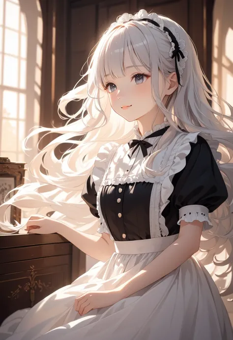 young girl with fluffy white hair, wearing a classic black and white maid outfit. Her soft, voluminous hair gently catches the light, giving it a radiant glow. She has an innocent and slightly shy expression, with a warm, subtle smile. The background featu...