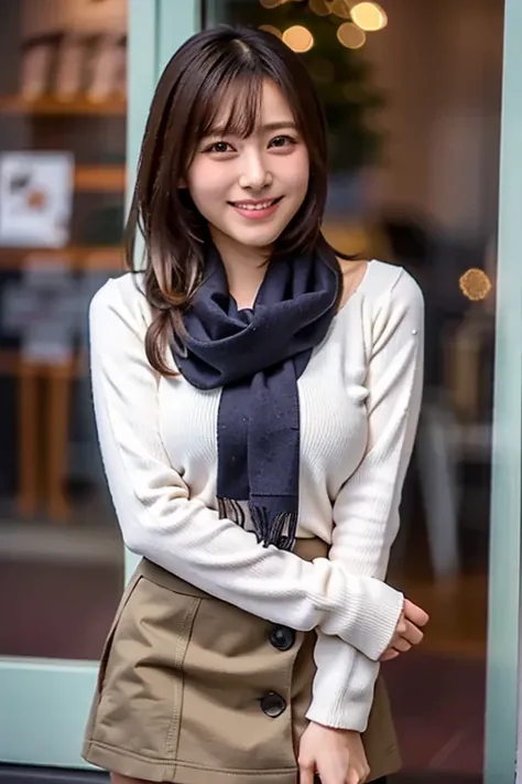 (Masterpiece,  best quality, Perfect Anatomy,  highres icon, 8k, realistic, photo realistic, natural skin texture, no makeup:1.2), Japanese girl stopping in front of a shop window on Christmas Eve, age20, (very cute:1.2), shy smile, (large breasts and perf...