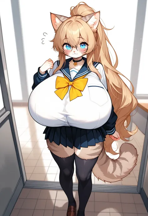 Anime style cat Furry small cute women, (gigantic breasts) very long medium legs, in the school uniform,