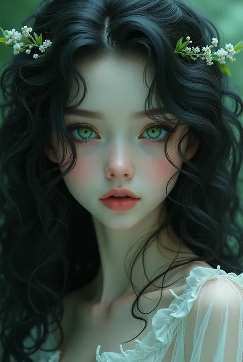  create a girl with long black curly hair with some long white locks, emerald green eyes with white skin 