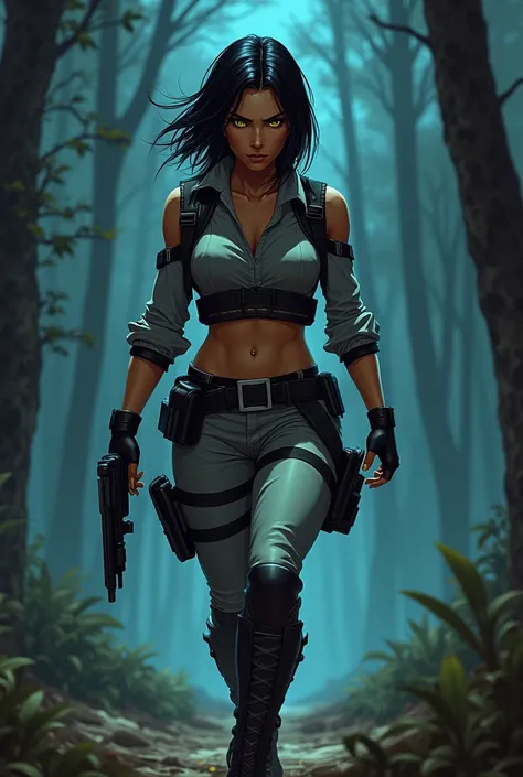 I want a beautiful female vigilante. Shes Navajo and has short black hair, tan-bronze skin, and amber-colored irises. Her facial features are comparable to that of a fierce warrior with an rebellious personality.  I want her to wear a gray tactical suit wi...