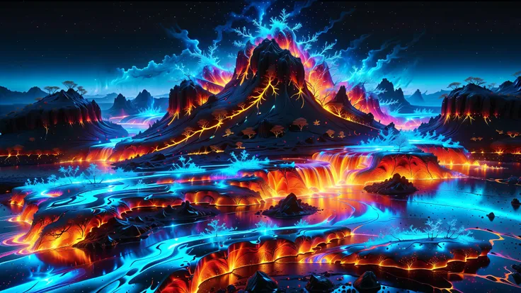 A Masterpiece In 32K Resolution, Supreme Quality, Super Detail, Official Art, Very High-Resolution 32K Wallpaper, Beautiful And Aesthetic, Ultra-Detailed Features, Awe-Inspiring Detail. A Futuristic Volcanic Scene Where Rivers Of Glowing, Neon Lava Wind Th...