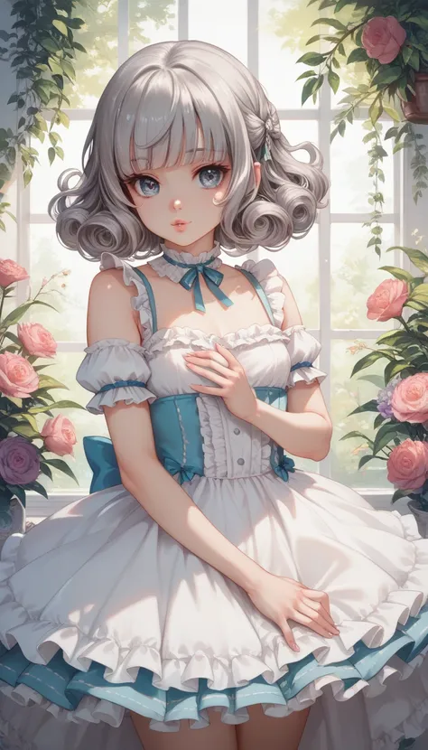 ultra detailed, detailed and cute eyes, japanese , ( cute  girl),look at the photographer､  (curly gray hair, nekomimi),  glossy lips,  center image,  perfect limbs, perfect anatomy,(frilled summerdress),suggestive