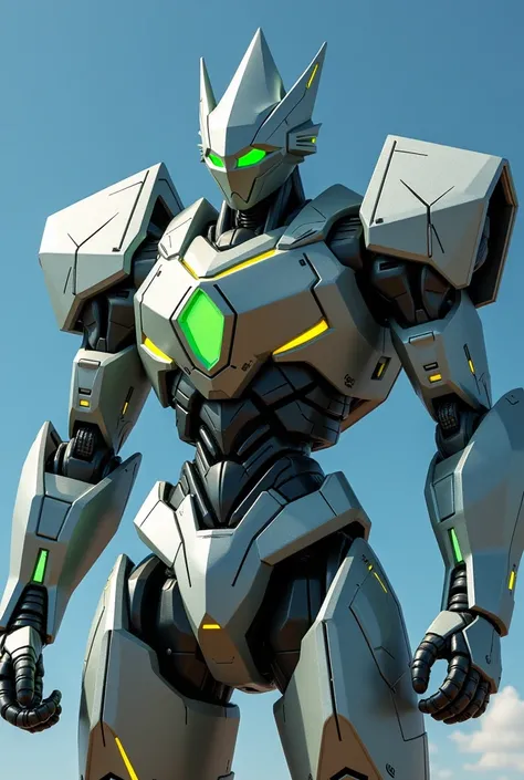 Depict a futuristic and sleek giant robot. The robots head has a pointed diamond-shaped design, with a glowing green sphere embedded in the center, resembling an eye that conveys a mysterious and intimidating presence. The overall form is built with metall...