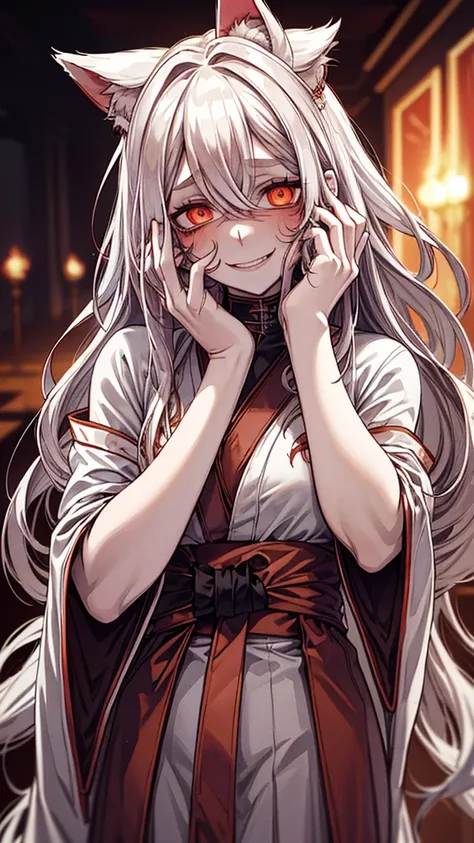 Best Shot, solo, (white hair), long hair, wavy hair, red kimono, (fox ears, nine tails), scary atmosphere, bad girl, bewitching, horror girl, white skin, (white round eyebrows), golden eyes, (evil smile), shining eyes, (yandere level: 1.4), crazy eyes, bla...