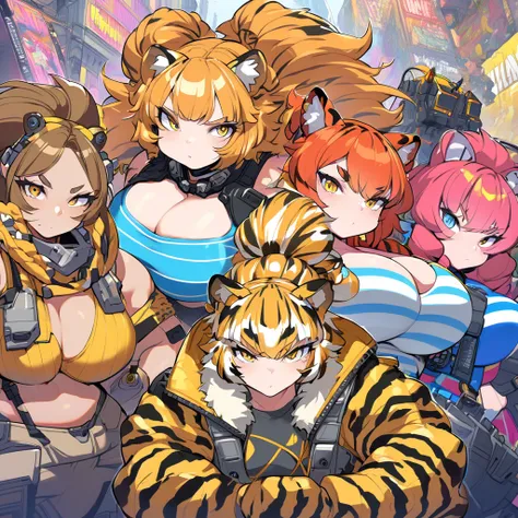 Anime, Cyberpunk female, 5 tiger-girls, anthro tiger girl, tiger girls, tiger stripes, huge hair, large breasts, blue bra, large yellow jacket, Deep cleavage, chubby, spikes, red fur, stripes, serious, posing together, girls surrounding