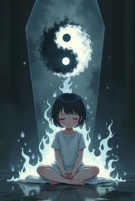 Anime-style female  meditating under a coffin and black and white flames emanated from her body forming the yin and yang symbol on top of her. Black flames