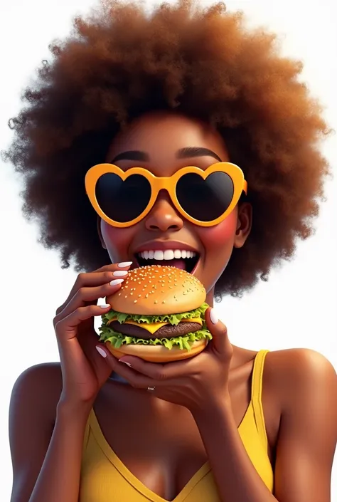 white background of an Afro-descendant woman with dark brown afro-brown hair with brown skin wearing heart-shaped sunglasses and eating hamburgers