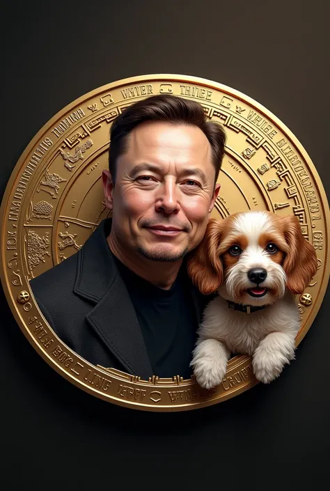 Create an NFT of Elon Musk and a dog dog, both with their faces on a coin 