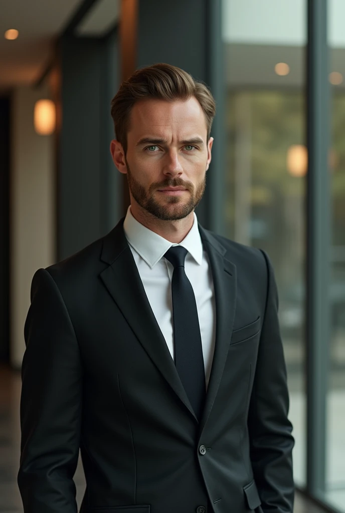 Modern man with an elegant style (green eyes, dressed in an office suit).