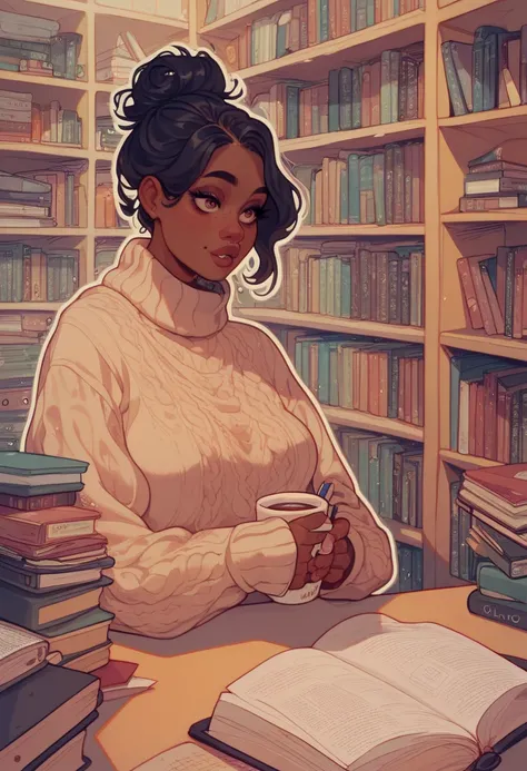  female character , contemplative, sitting, big sweater, loose, messy bun,   library  ,  Bookshelves , OUTLINE, coal, The number,  melancholic nighttime , Atmospheric, introspective, cups, notebooks, a cup of tea.