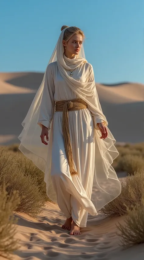 Realism, in a magical arid desert landscape, elegant sand dunes rise under a twilight sky. A beautiful young woman dressed in light arabesque costumes, transparent veil, gurka, dynamic poses, dynamic lights and shadows, blonde hair, hair tied in two, ( (Ul...