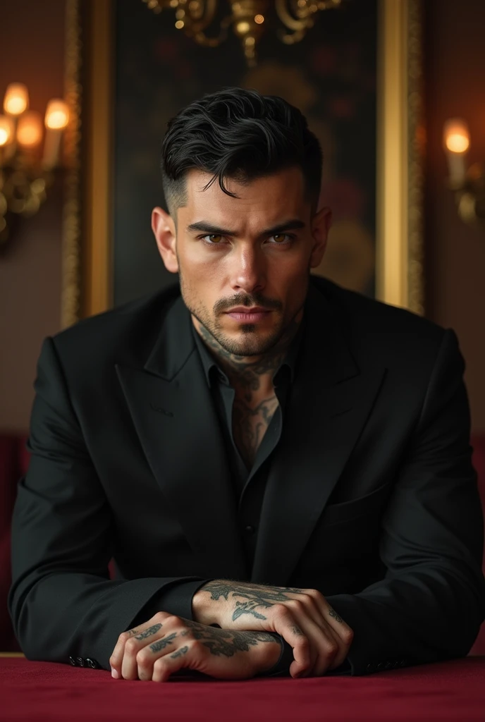  23-year-old man with black hair with a formal haircut,  with tattoos from neck to arms , with amber eyes,  with a serious face sitting at a large luxurious table ,  in a tense environment .  In an elegant black suit . Muscular and fair-skinned ,  realisti...