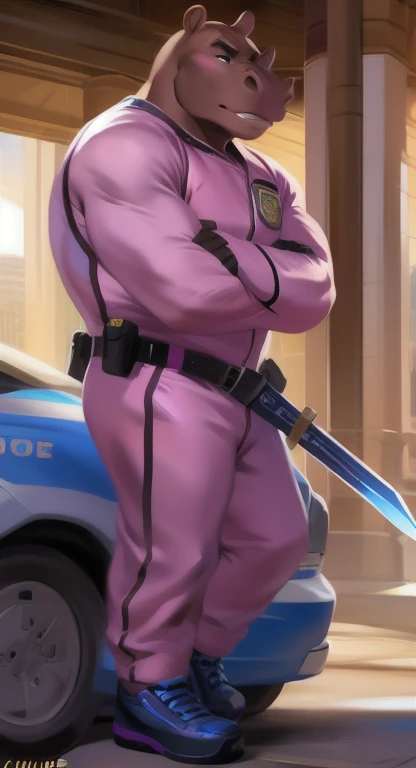     alone   ,​ feMale tall   , อยู่บนถนน Holding a Ninja Sword​ police , hippo ,     Pink military spacesuit, Overload  ,    Binding muscles  , quiet , by chunie    