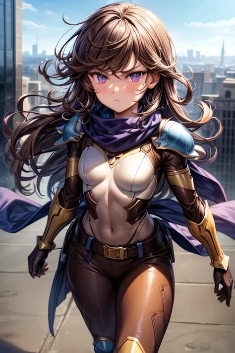 ((best quality)), ((masterpiece)), (detailed), 1 girl, young adult, purple eyes, serious face, long blue scarf, brown hair, long hair, wavy hair, bangs, brown collar, somewhat short, very thin, big googles, blue scarf, brown collar, somewhat short, very th...