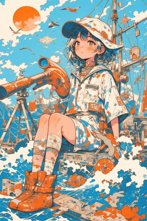   The girl Mad Sailor ,The girl said 「Yosolo 」blue, orange ,White, Surreal collage,a contemporary artistic collage,collage artwork, New Album Cover , Great Job !! ,digital collage、(collage ),collage art,contemporary collage,mixed media collage, Surreal +  ...