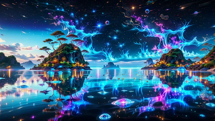 A Masterpiece In 32K Resolution, Supreme Quality, Super Detail, Official Art, Very High-Resolution 32K Wallpaper, Beautiful And Aesthetic, Ultra-Detailed Features, Awe-Inspiring Detail. A Futuristic Ocean That Appears To Merge With The Stars, Its Surface G...