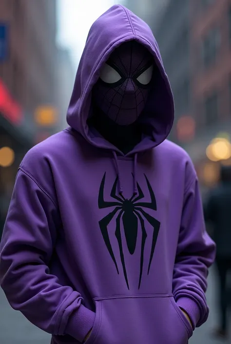 Make a purple spider man with a hoodie the mask is the hoodie nothing else the mask is the hoodie like Gwen stacy