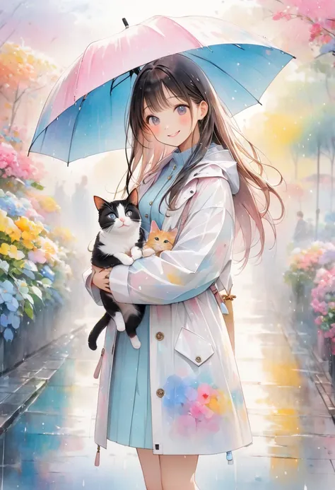 8K resolution、(masterpiece)( top quality)(Miniature)、Smiling adult woman standing in the rain holding her cat under an umbrella、 wearing a white coat 、 long hair on background－、 colorful background、 pastel colors、 pastel colors、 cute、Cute colors、 pastel co...