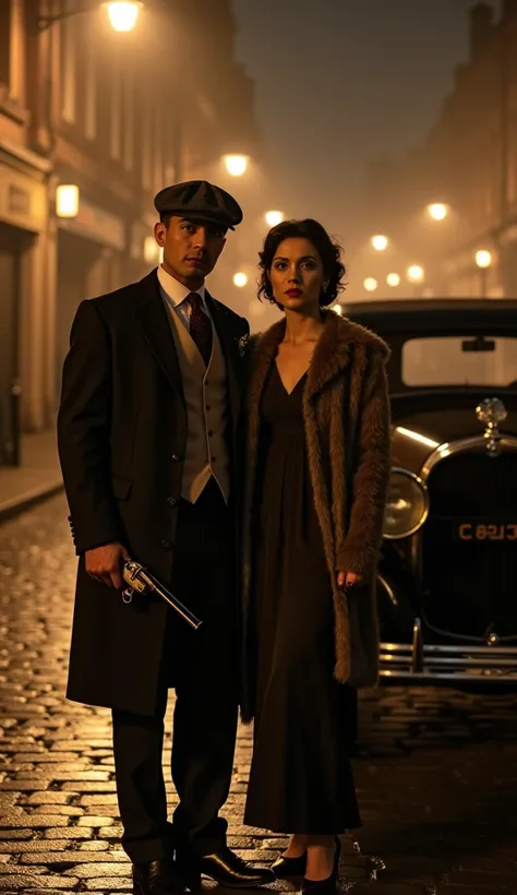 A couple styled like characters from the Peaky Blinders series, standing confidently on a cobblestone street illuminated by warm streetlights. The man wears a classic three-piece suit, a flat cap, and holds a vintage revolver in his hand. Beside him, the w...