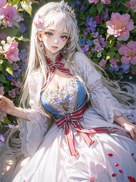 ((Anime Art Style)),(masutepiece),(Best Quality), (Super Detail),((Very delicate and beautiful)),(((Solo))),((Full body portrait)),(((A single princess dressed in a traditional costume with fine workmanship))),((crinoline)),Long Train,((Stand in the garden...