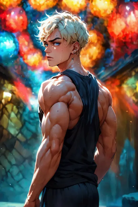 a muscular man with piercing dark blue eyes and short dirty blonde hair, and intimidating presence. His shoulders, back, neck, and arm muscles are massive, befitting his wrestling background. He has a stoic expression and dojo setting. He tank top and swea...