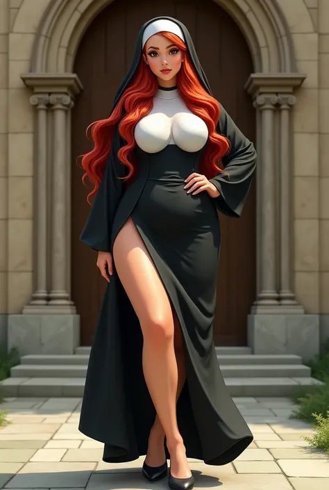 Full body shot of a beautiful female with a curvy thick voluptuous buxom body and large full natural rounded breasts, high heel shoes, skimpy nun outfit, long red wavy hair, outside of the church in Zelda 2