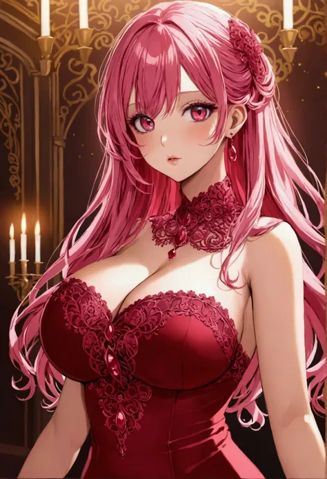 Pink haired girl, Ruby colored eyes,Big breasts