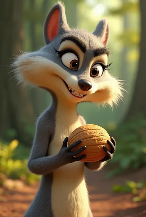 Female Scrat character with walnut in hands smiling 