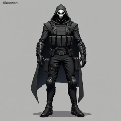 " Creates a model of a soldier named Specter .  He wears a dark helmet with a skull design on the front ,  that gives an intimidating feeling .  His costume is modern and practical , with military details , without futuristic elements .  He wears a tight a...