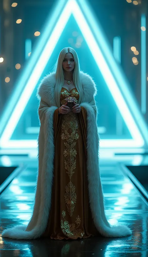 "A mystical elder woman with long white hair stands confidently. She is adorned in a luxurious brown dress featuring intricate golden patterns and draped in an elegant white fur cloak.A  Fox brown colour in her hands. The futuristic setting is illuminated ...