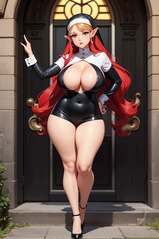 Full body shot of a beautiful female with a curvy thick voluptuous buxom body and large full natural rounded breasts, high heel shoes, skimpy nun outfit, long red wavy hair, outside of the church in Zelda 2