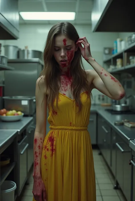  Skinny girl of 1 .66 meters tall .  long brown hair .  Wearing a yellow dress covered in blood.  Trying to cut her own ears .  Inside a professional kitchen . 
