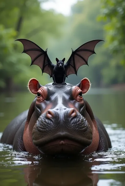 Black bat and hippopotamus in River side (realistic photo)