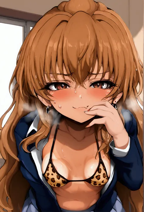 Mamimi style, detailed anime girlsXL:1, Aisaka_Taiga, aisaka taiga , long hair, looking at viewer, brown hair, blush, brown eyes, gyaru aesthetic, tied shirt, open clothes, leopard print bikini,(school uniform:1.3), 1female, short, small breasts,tanlines,(...