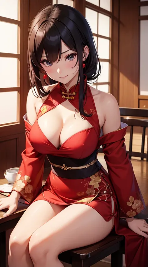 Ino yamanaka， komono， nevando， sitted，China Cheongsam，Off-the-shoulder attire，cleavage，ssmile，Be red in the face，inside in room