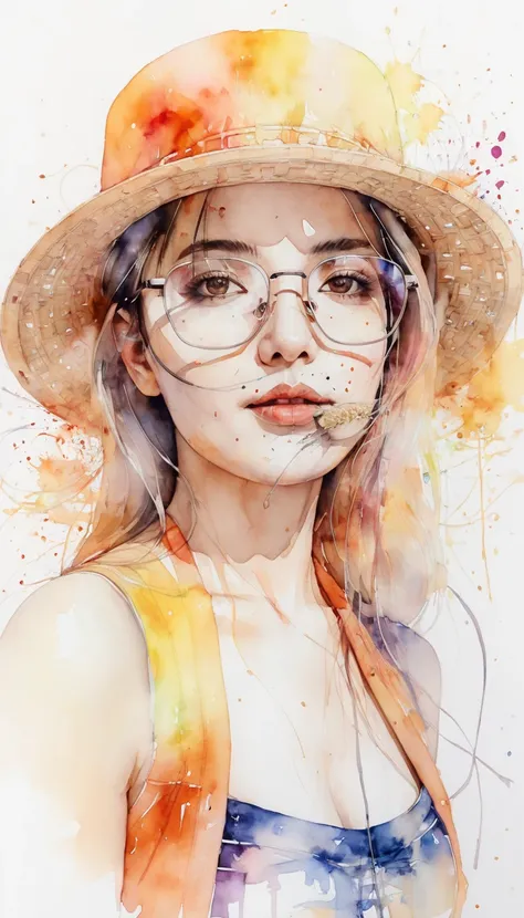 (8k, best quality, masterpiece: 1.2), (best quality: 1.0), (ultra high resolution: 1.0), watercolor, beautiful woman, shoulders, straw hat, glasses, sexy seductive big breasts, by agnes cecile, half body portrait, very bright design, pastel colors, (ink: 1...