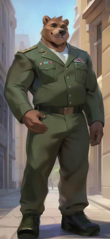 Solo, big male ,huge​ body​,​ Standing ,barrack,big bear ,Green military sergeant uniform , Wear combat shoes, overweight, muscular, Smirking , by chunie