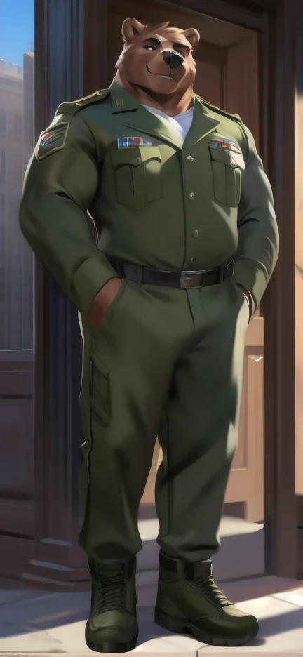 Solo, big male ,huge​ body​,​ Standing ,barrack,big bear ,Green military sergeant uniform , Wear combat shoes, overweight, muscular, Smirking , by chunie