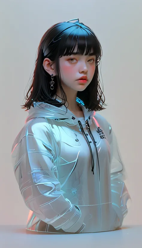  graphic design ，Goth，blank，  1 Color Glass Clear 3D Portrait Sculpture ，Rough surface finish  ， Face Glowing Lines  ， simple background、 minimalism、 Beautiful Japanese High School Girl 、 straight hair 、bangs、 black hair、 hoodie、Soft and elegant colors ，、D...