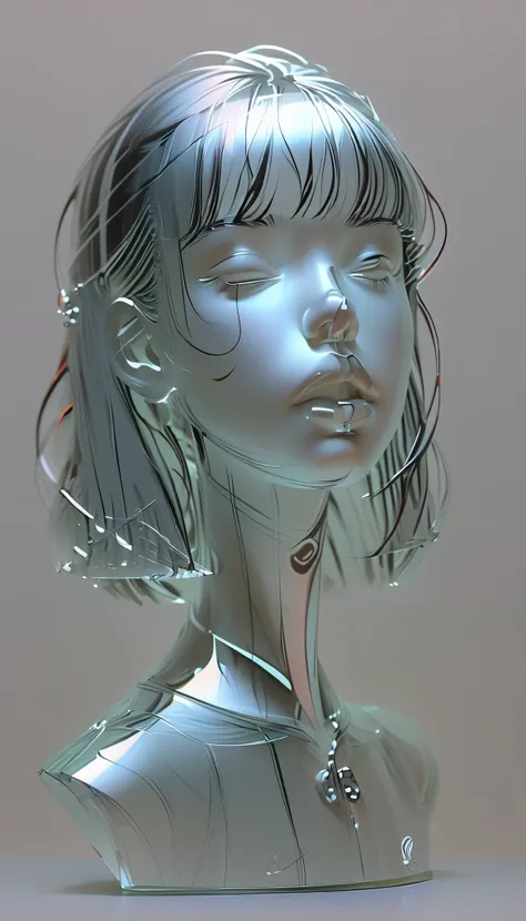  graphic design ，Goth，blank，  1 Color Glass Clear 3D Portrait Sculpture ，Rough surface finish  ， Face Glowing Lines  ， simple background、 minimalism、 Beautiful Japanese High School Girl 、 straight hair 、bangs、 black hair、 Street Casual 、Soft and elegant co...